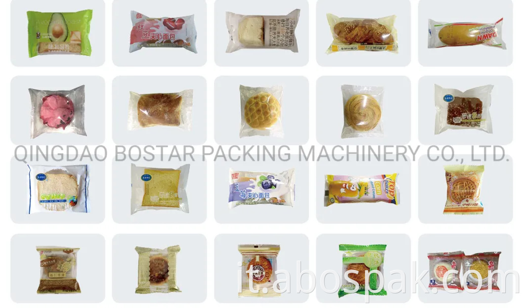 Macchina imballatrice orizzontale automatica di biscotti per pane con confezione di cuscini con azoto gassoso per macchina per torte/wafer/biscotti/panini/muffin/pane/prodotti da forno